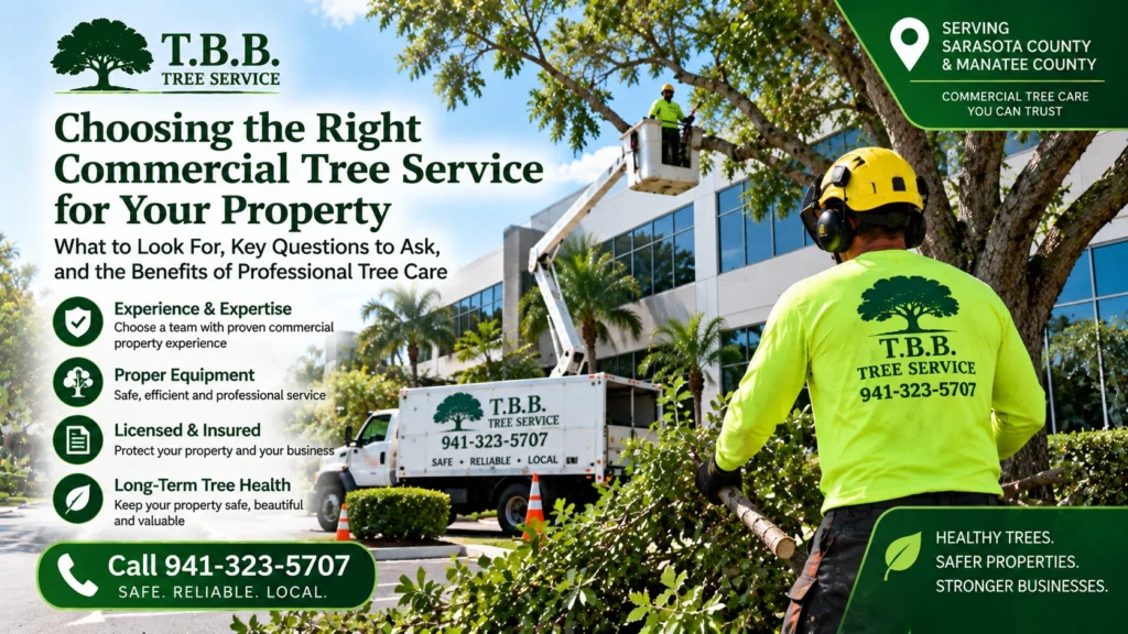 Commercial tree service crew providing professional tree care at a business property in Sarasota County and Manatee County for T.B.B. Tree Service