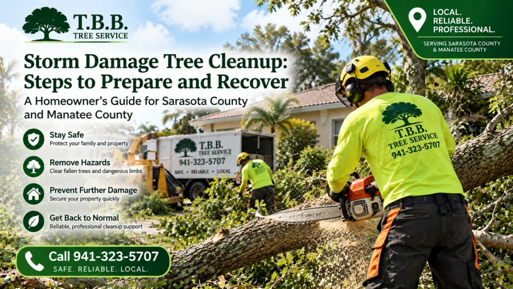 T.B.B. Tree Service crew performing storm damage tree cleanup in Sarasota County and Manatee County