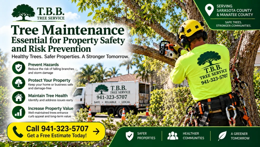 Professional tree maintenance for property safety and risk prevention by T.B.B. Tree Service in Sarasota County and Manatee County